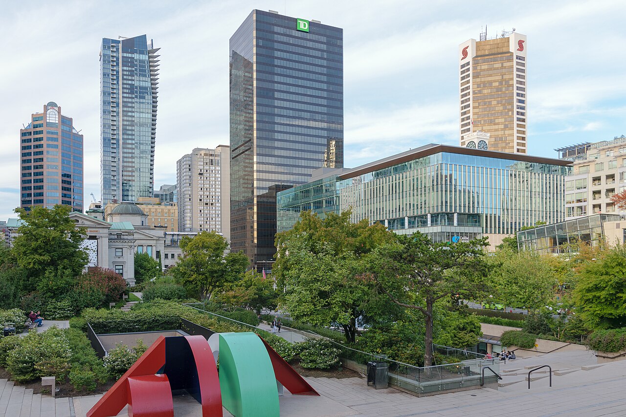Downtown Vancouver buildings viewed from a public plaza